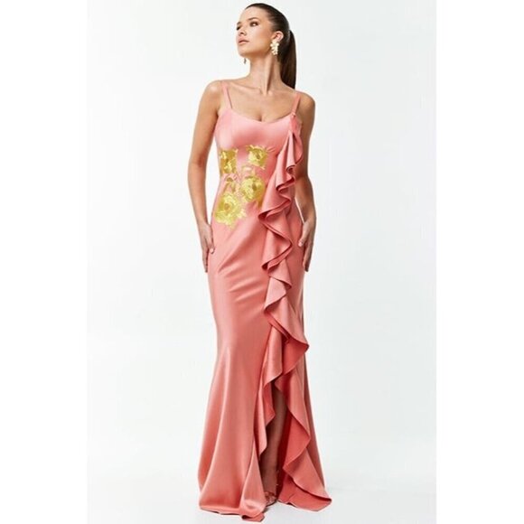 Mestiza New York Pink Satin Floral Appliqué Ruffle Gown Size 8 - Picture 1 of 12